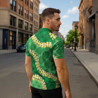 Green Palaka Hawaii Mele Kalikimaka Zipper Polo Shirt Ohia Lehua Monstera Puakenikeni Lei - Polynesian Pride