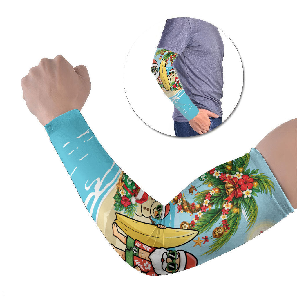 Hawaii Christmas Mele Kalikimaka Arm Sleeves Festive Palm Chilling Santa With Surfboard