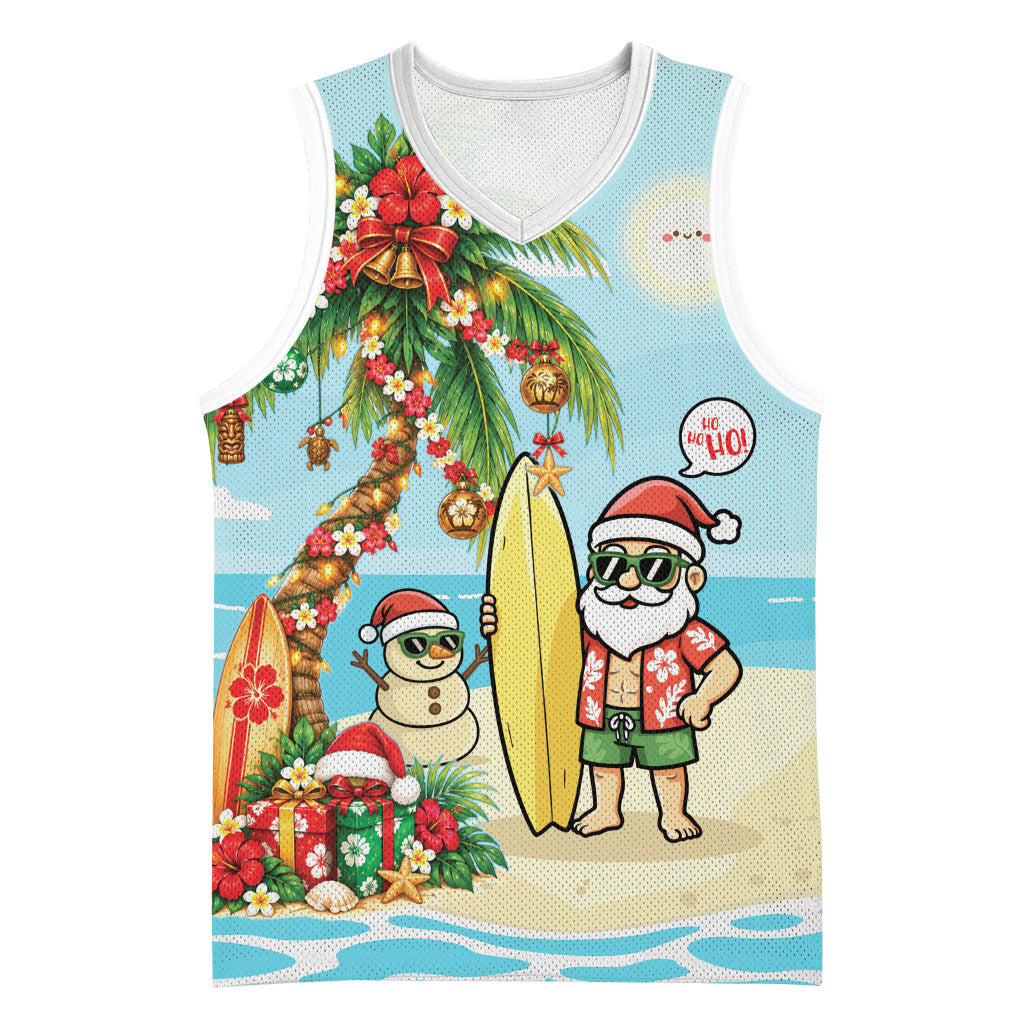 Hawaii Christmas Mele Kalikimaka Basketball Jersey Festive Palm Chilling Santa With Surfboard LT14 Unisex Blue - Polynesian Pride