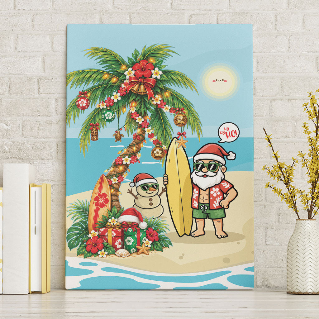 Hawaii Christmas Mele Kalikimaka Canvas Wall Art Festive Palm Chilling Santa With Surfboard LT14 Without Frame Blue - Polynesian Pride