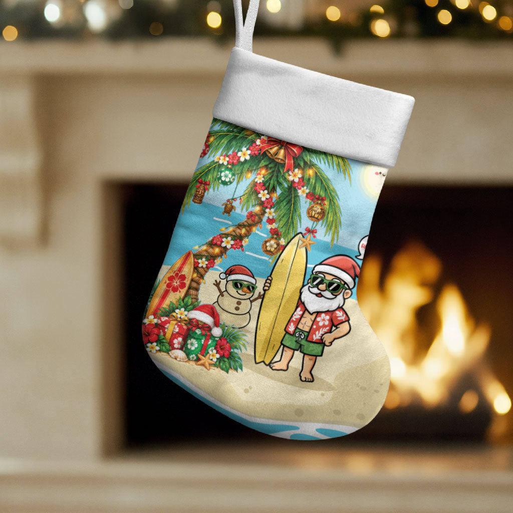 Hawaii Christmas Mele Kalikimaka Christmas Stocking Festive Palm Chilling Santa With Surfboard