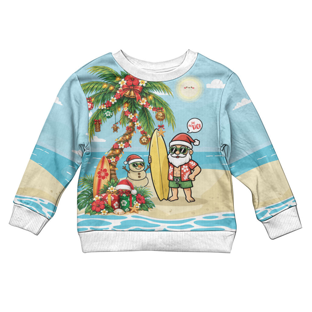 Hawaii Christmas Mele Kalikimaka Kid Ugly Christmas Sweater Festive Palm Chilling Santa With Surfboard LT14 Kid Blue - Polynesian Pride