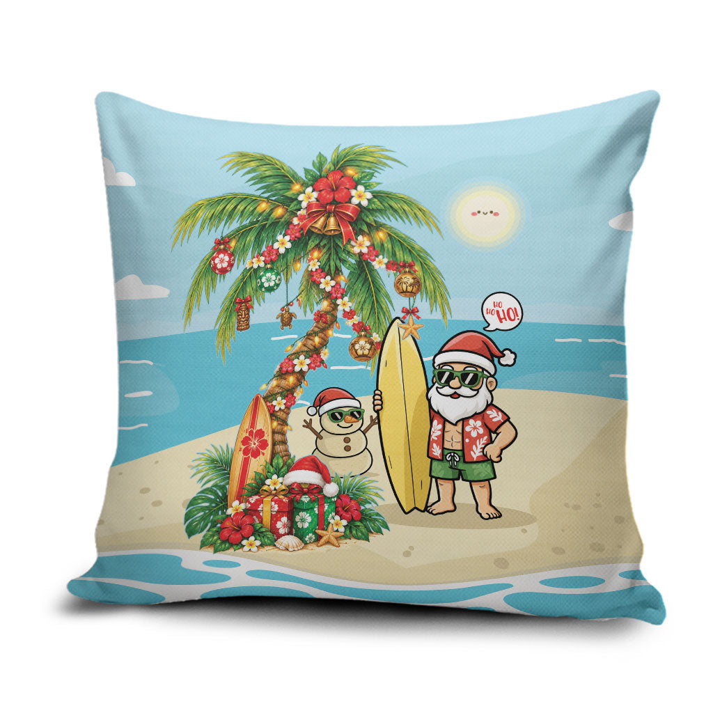 Hawaii Christmas Mele Kalikimaka Pillow Cover Festive Palm Chilling Santa With Surfboard