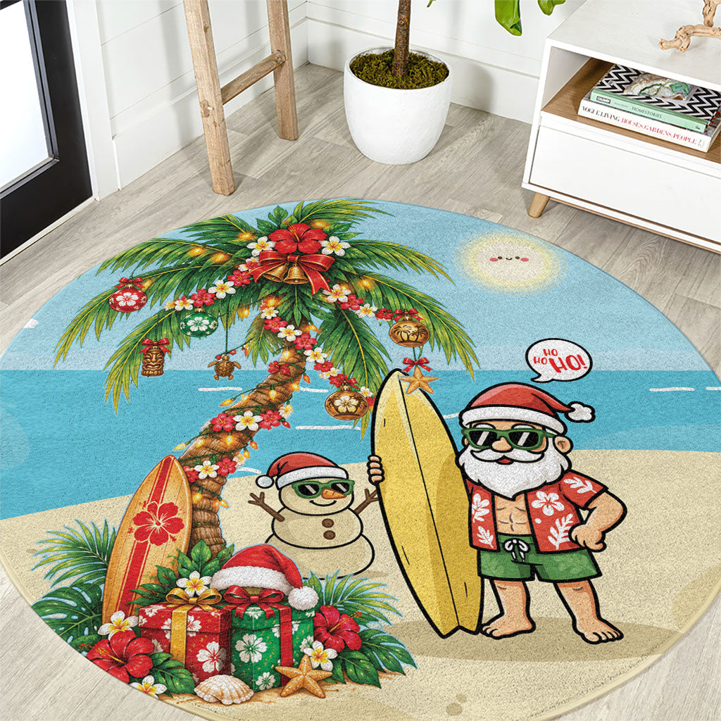 Hawaii Christmas Mele Kalikimaka Round Carpet Festive Palm Chilling Santa With Surfboard