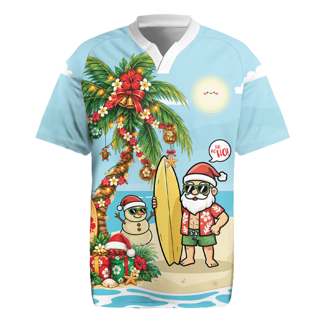 Hawaii Christmas Mele Kalikimaka Rugby Jersey Festive Palm Chilling Santa With Surfboard LT14 Blue - Polynesian Pride