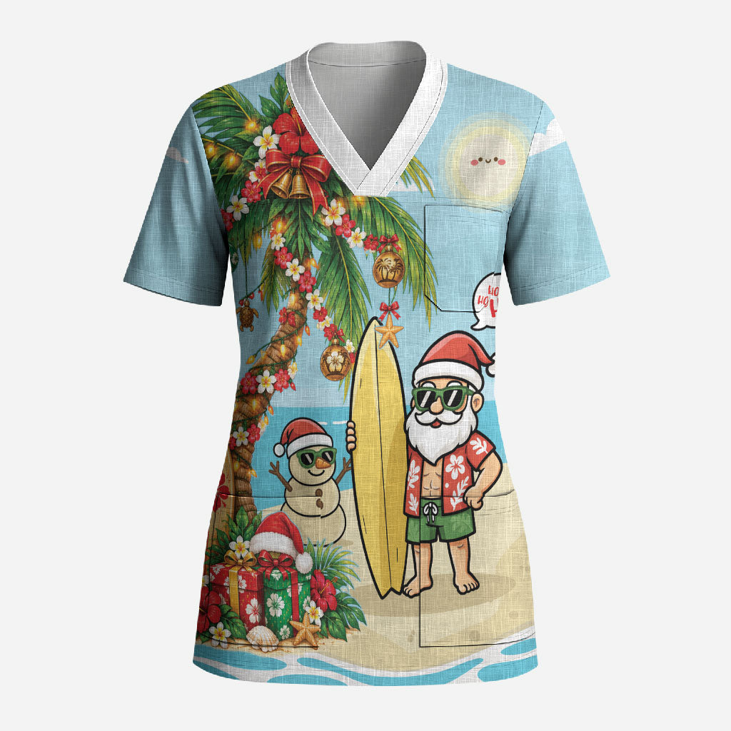 Hawaii Christmas Mele Kalikimaka Scrub Top Festive Palm Chilling Santa With Surfboard