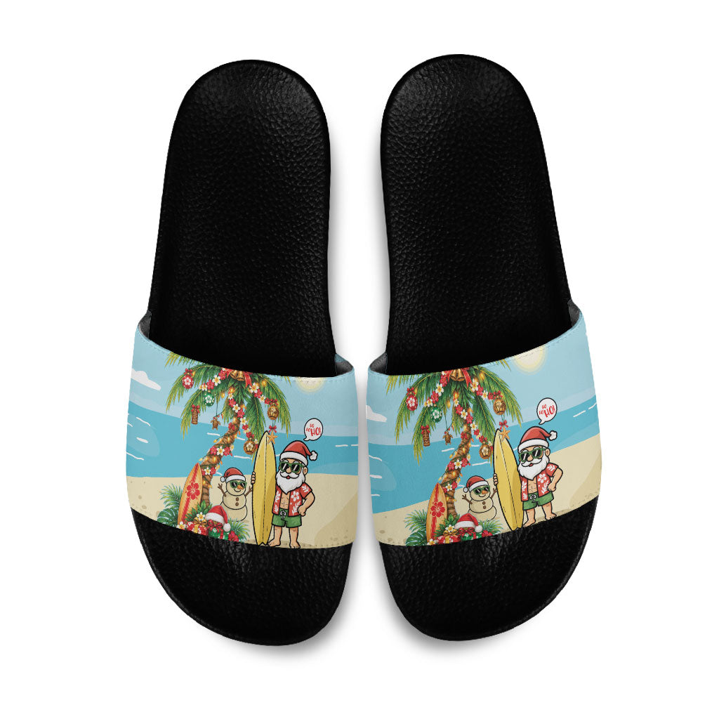Hawaii Christmas Mele Kalikimaka Slide Sandals Festive Palm Chilling Santa With Surfboard