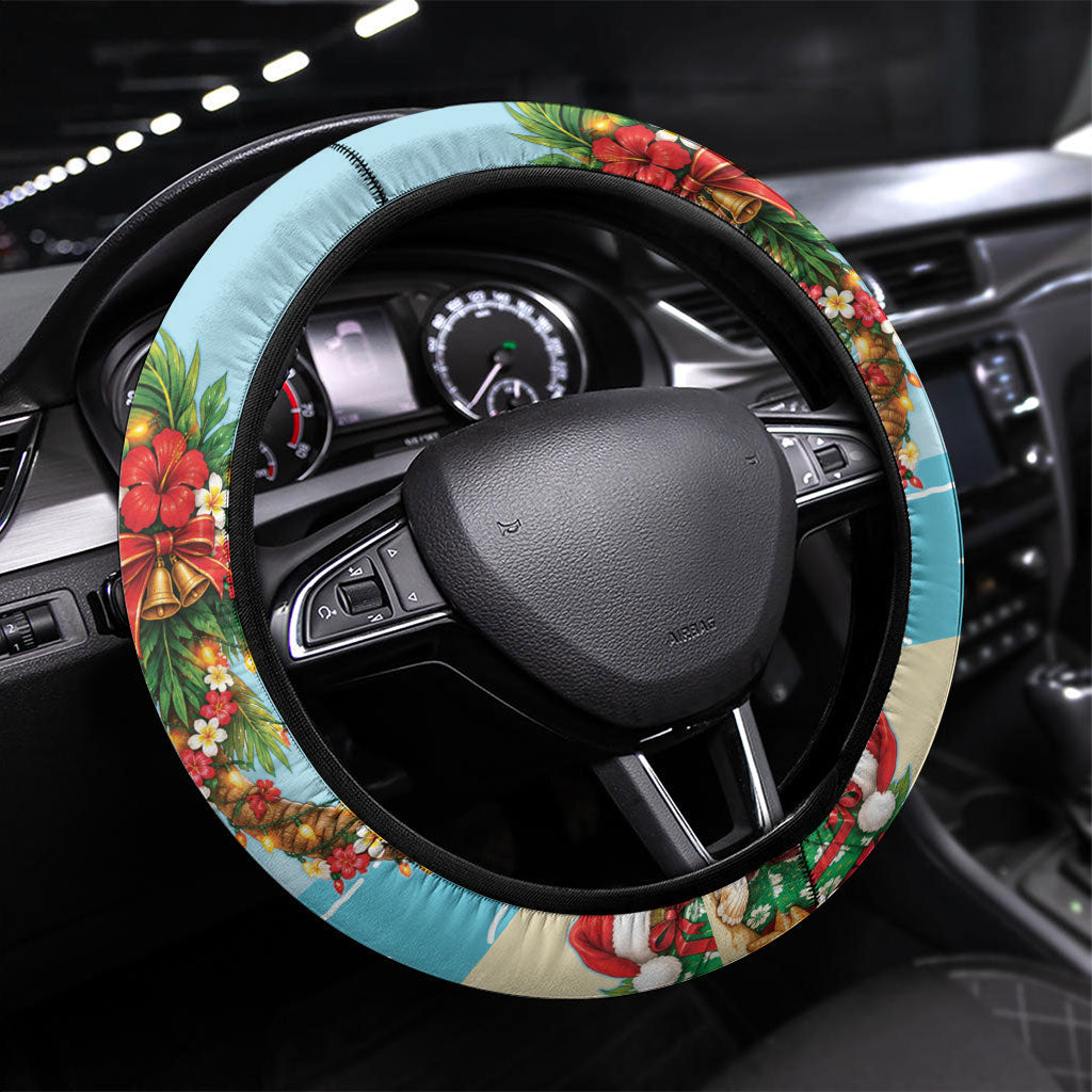 Hawaii Christmas Mele Kalikimaka Steering Wheel Cover Festive Palm Chilling Santa With Surfboard LT14 Universal Fit Blue - Polynesian Pride