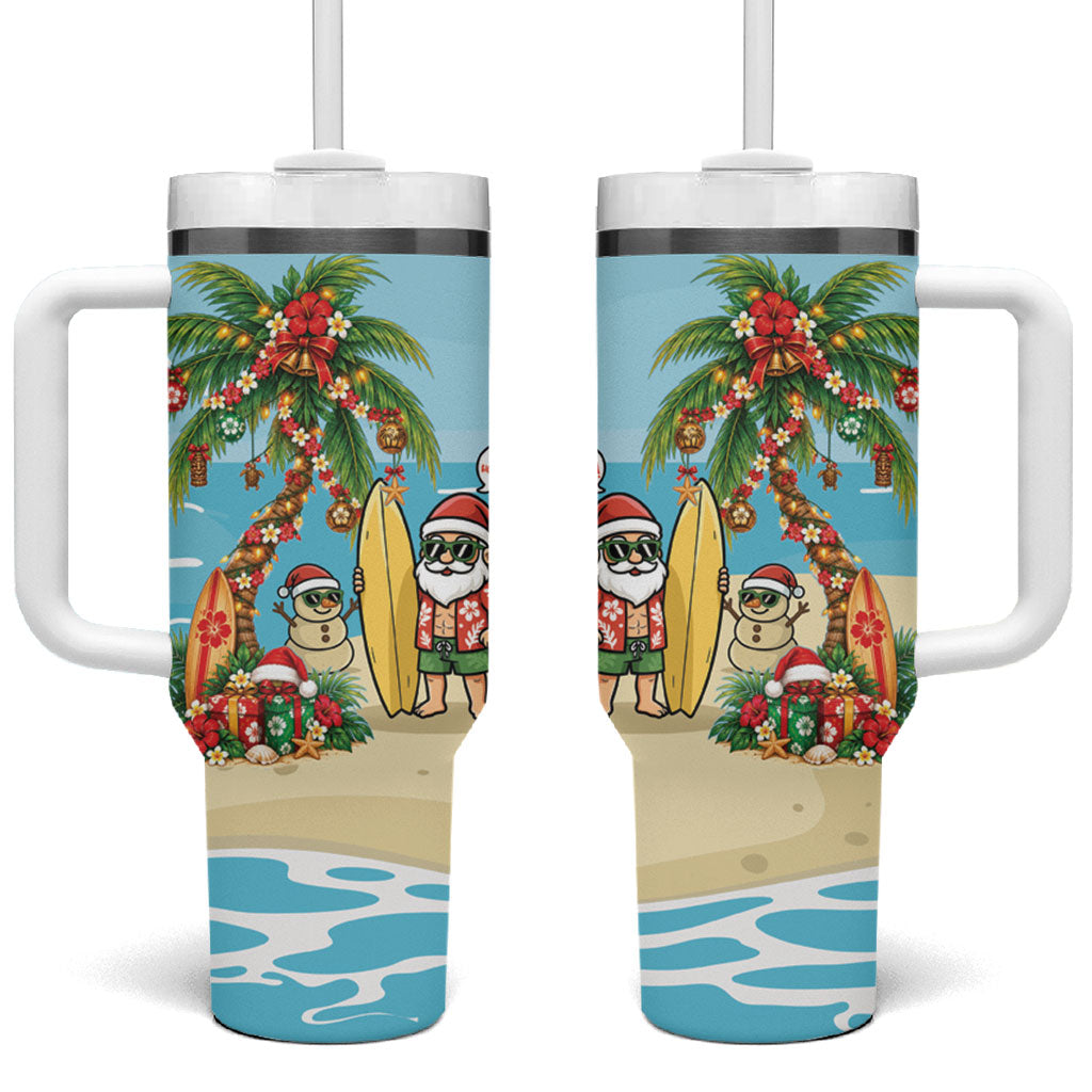 Hawaii Christmas Mele Kalikimaka Tumbler With Handle Festive Palm Chilling Santa With Surfboard LT14 One Size: 40 oz Blue - Polynesian Pride
