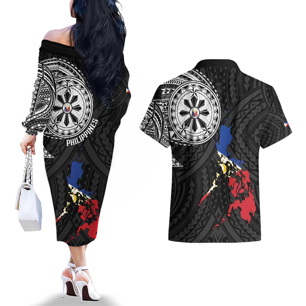 Philippines Strong Couples Matching Off The Shoulder Long Sleeve Dress and Hawaiian Shirt Filipino Map Polynesian Tattoo - Polynesian Pride