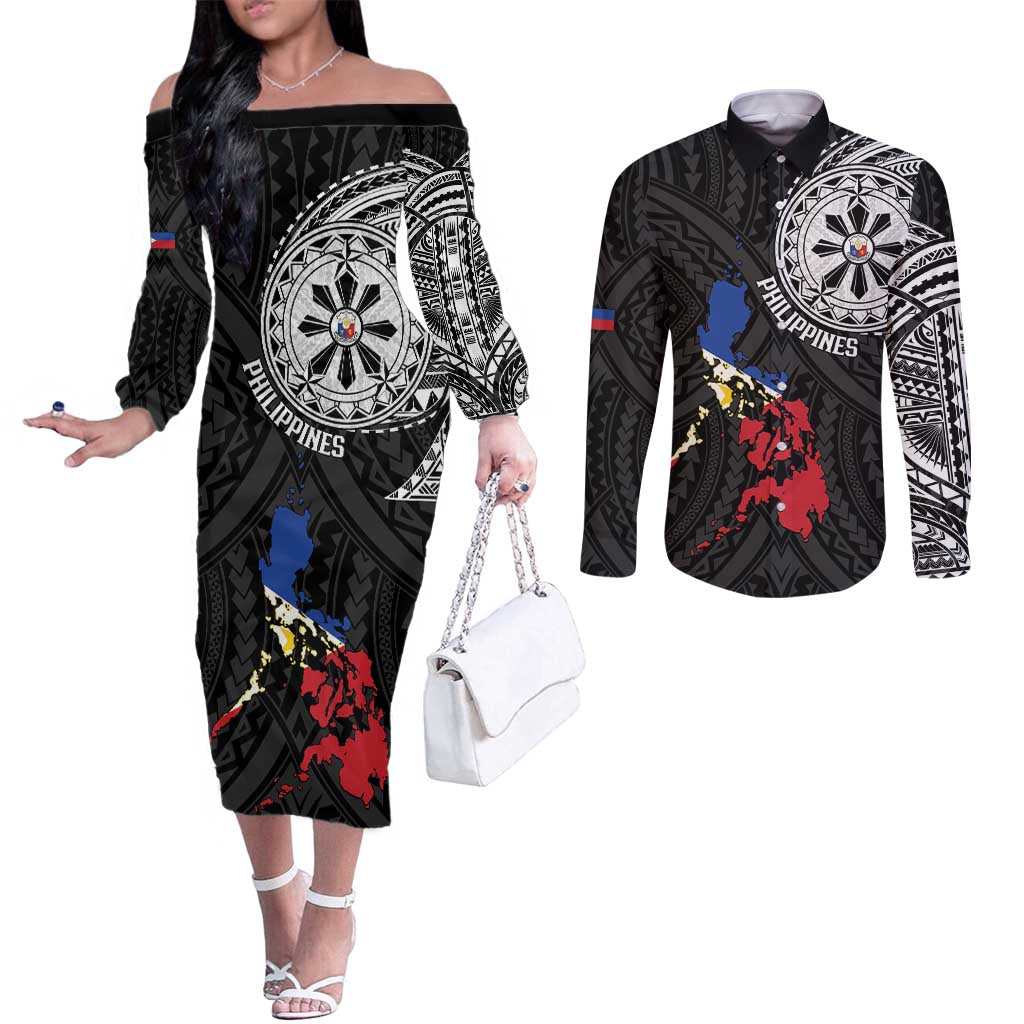 Philippines Strong Couples Matching Off The Shoulder Long Sleeve Dress and Long Sleeve Button Shirt Filipino Map Polynesian Tattoo - Polynesian Pride
