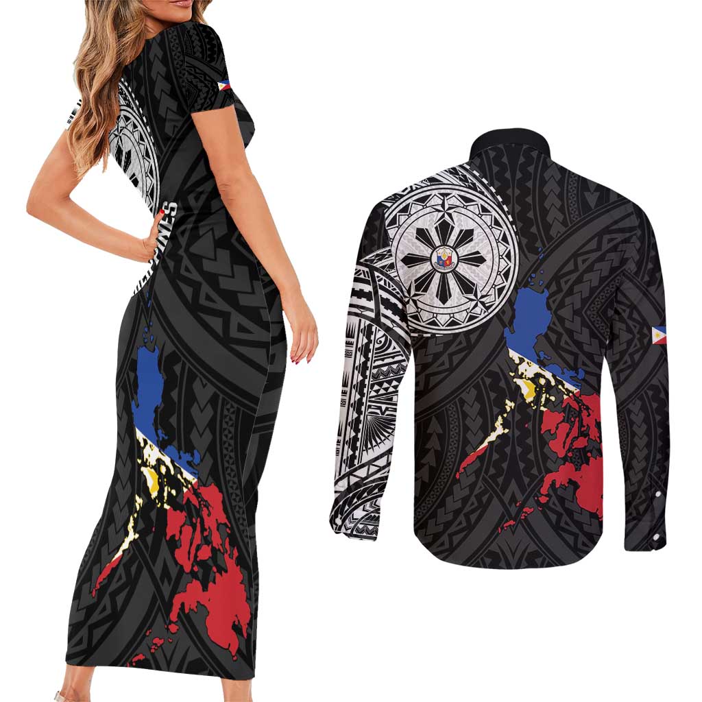 Philippines Strong Couples Matching Short Sleeve Bodycon Dress and Long Sleeve Button Shirt Filipino Map Polynesian Tattoo - Polynesian Pride
