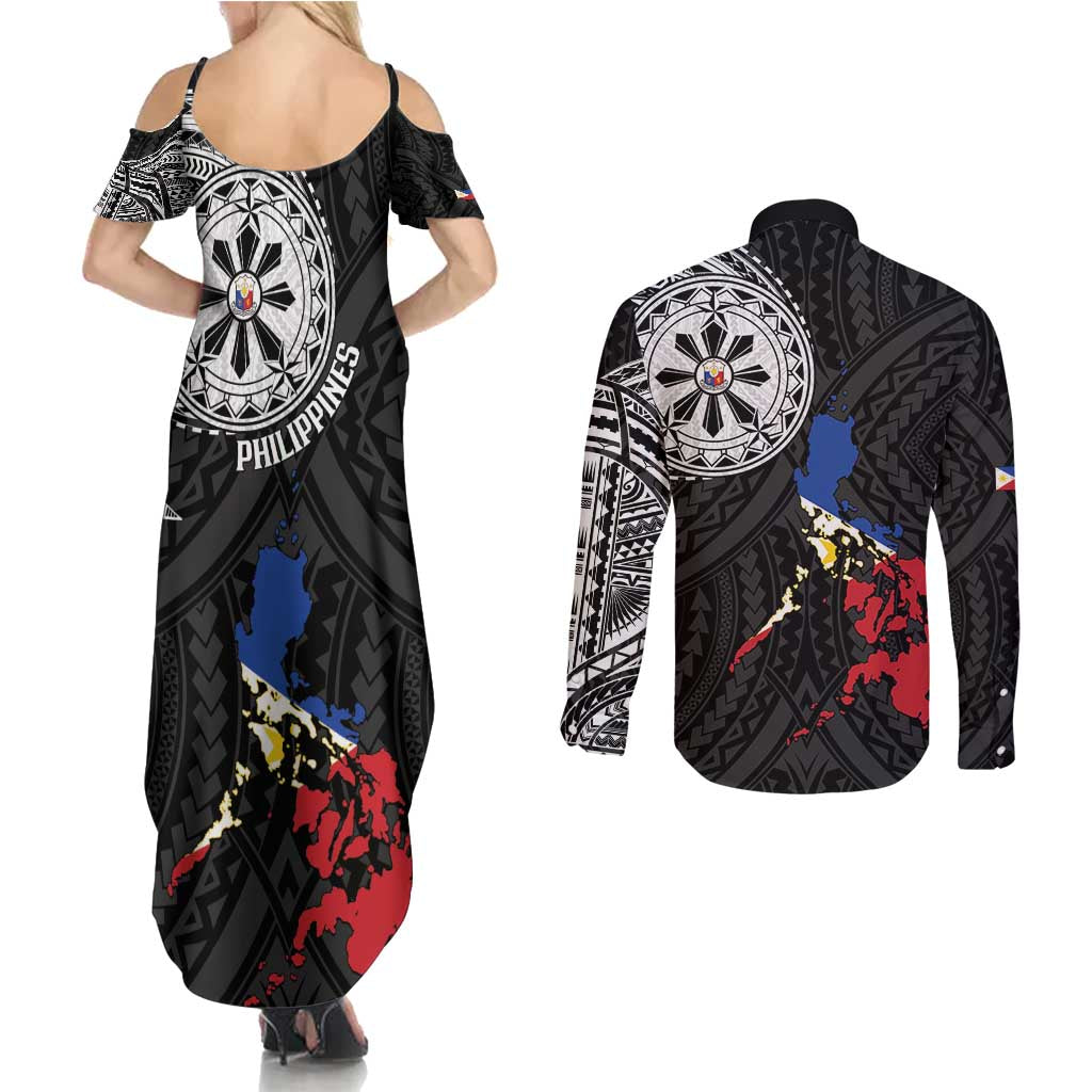 Philippines Strong Couples Matching Summer Maxi Dress and Long Sleeve Button Shirt Filipino Map Polynesian Tattoo - Polynesian Pride