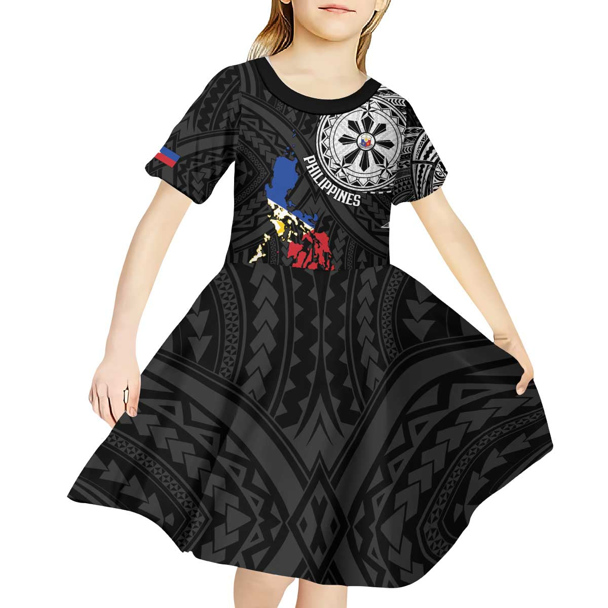 Philippines Strong Kid Short Sleeve Dress Filipino Map Polynesian Tattoo - Polynesian Pride