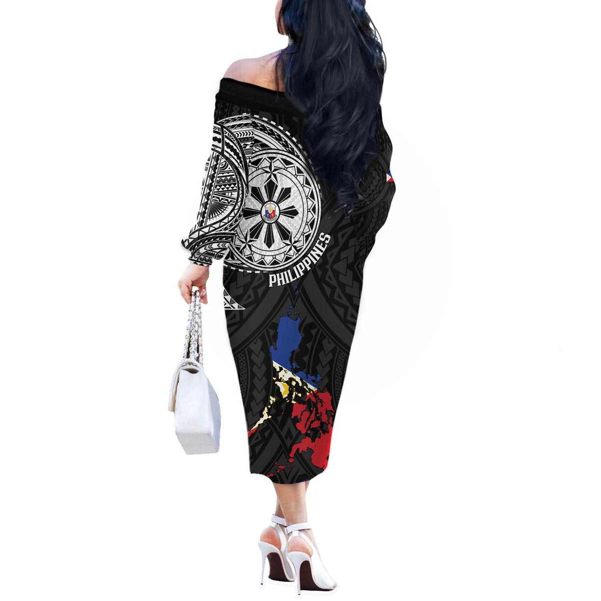 Philippines Strong Off The Shoulder Long Sleeve Dress Filipino Map Polynesian Tattoo - Polynesian Pride