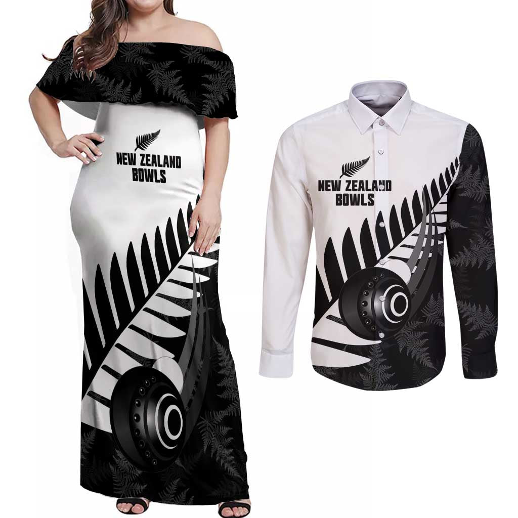 New Zealand Lawn Bowls Custom Couples Matching Off Shoulder Maxi Dress and Long Sleeve Button Shirt Aotearoa Silver Fern - Polynesian Pride