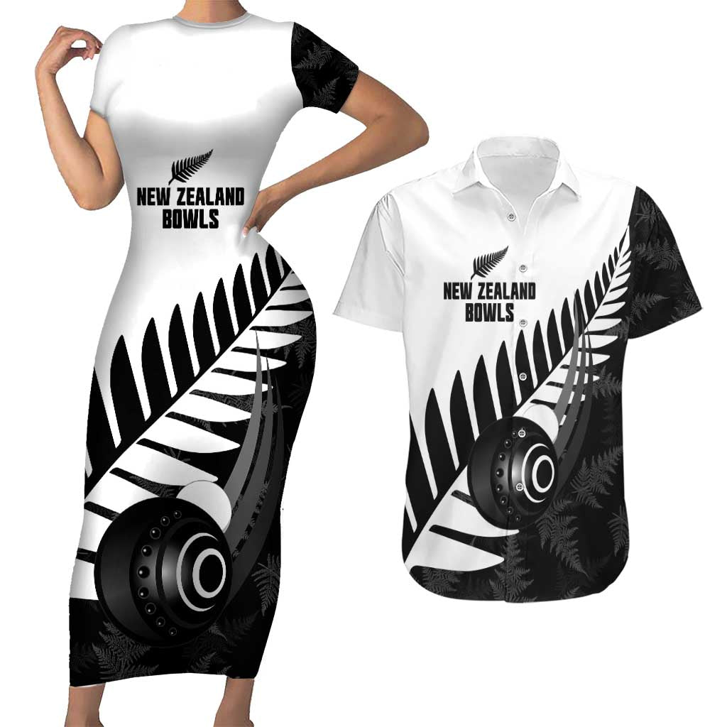 New Zealand Lawn Bowls Custom Couples Matching Short Sleeve Bodycon Dress and Hawaiian Shirt Aotearoa Silver Fern - Polynesian Pride