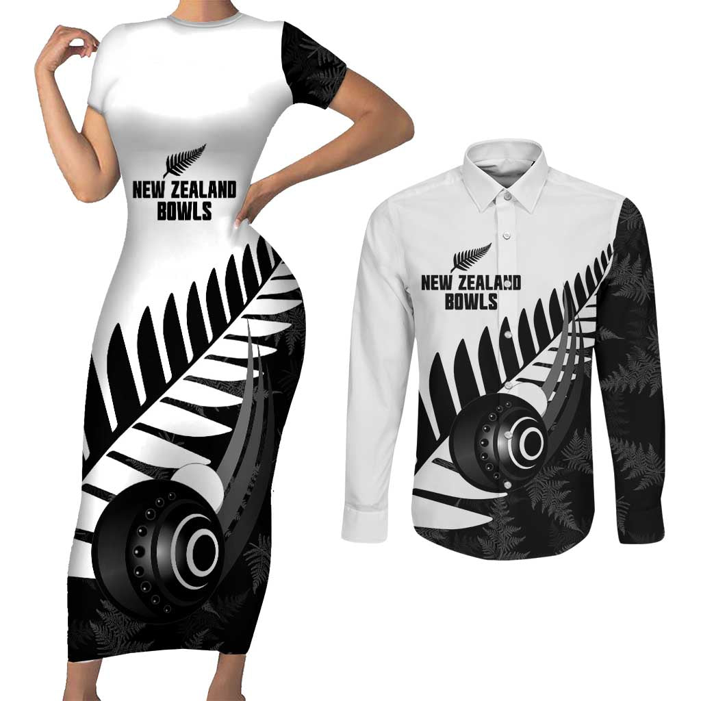 New Zealand Lawn Bowls Custom Couples Matching Short Sleeve Bodycon Dress and Long Sleeve Button Shirt Aotearoa Silver Fern - Polynesian Pride