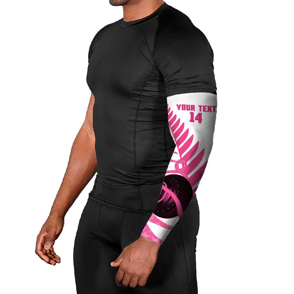 New Zealand Lawn Bowls Breast Cancer Custom Arm Sleeves Aotearoa Maori Silver Fern Pink Ribbon - Polynesian Pride
