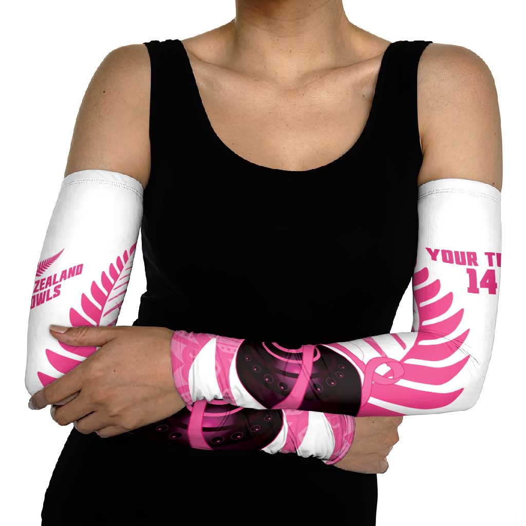 New Zealand Lawn Bowls Breast Cancer Custom Arm Sleeves Aotearoa Maori Silver Fern Pink Ribbon - Polynesian Pride