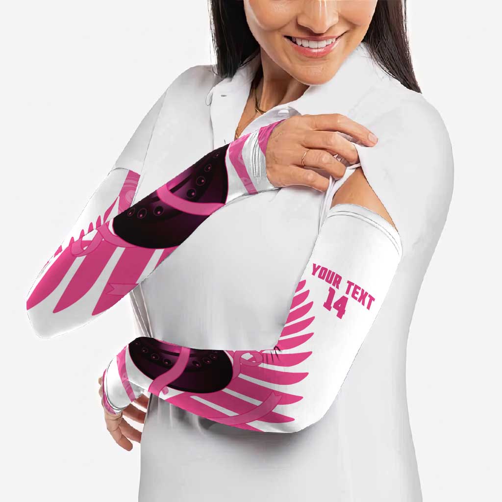New Zealand Lawn Bowls Breast Cancer Custom Arm Sleeves Aotearoa Maori Silver Fern Pink Ribbon - Polynesian Pride