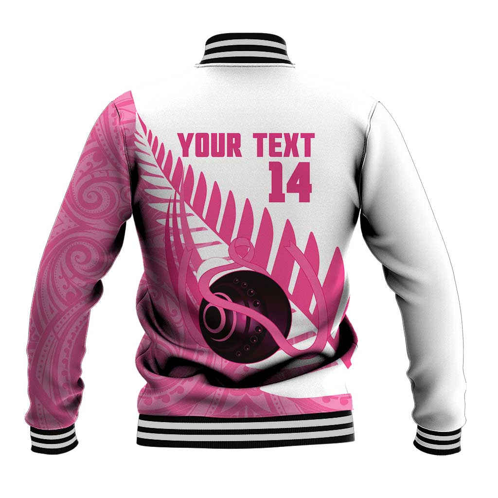 New Zealand Lawn Bowls Breast Cancer Custom Baseball Jacket Aotearoa Maori Silver Fern Pink Ribbon - Polynesian Pride