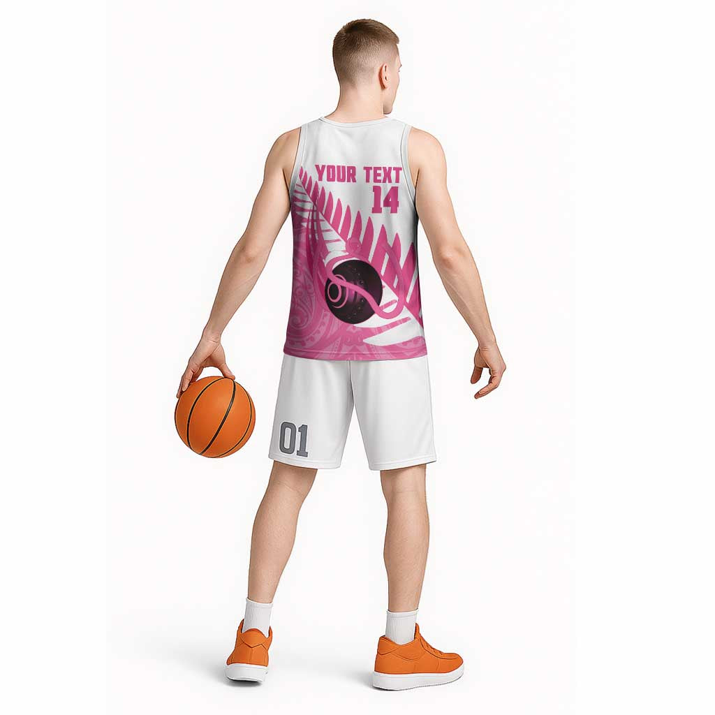 New Zealand Lawn Bowls Breast Cancer Custom Basketball Jersey Aotearoa Maori Silver Fern Pink Ribbon - Polynesian Pride