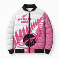 New Zealand Lawn Bowls Breast Cancer Custom Bomber Puffer Jacket Aotearoa Maori Silver Fern Pink Ribbon - Polynesian Pride