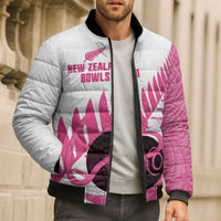 New Zealand Lawn Bowls Breast Cancer Custom Bomber Puffer Jacket Aotearoa Maori Silver Fern Pink Ribbon - Polynesian Pride