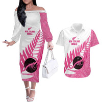 New Zealand Lawn Bowls Breast Cancer Custom Couples Matching Off The Shoulder Long Sleeve Dress and Hawaiian Shirt Aotearoa Maori Silver Fern Pink Ribbon - Polynesian Pride