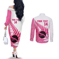 New Zealand Lawn Bowls Breast Cancer Custom Couples Matching Off The Shoulder Long Sleeve Dress and Long Sleeve Button Shirt Aotearoa Maori Silver Fern Pink Ribbon - Polynesian Pride