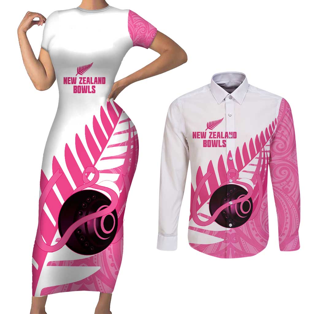 New Zealand Lawn Bowls Breast Cancer Custom Couples Matching Short Sleeve Bodycon Dress and Long Sleeve Button Shirt Aotearoa Maori Silver Fern Pink Ribbon - Polynesian Pride