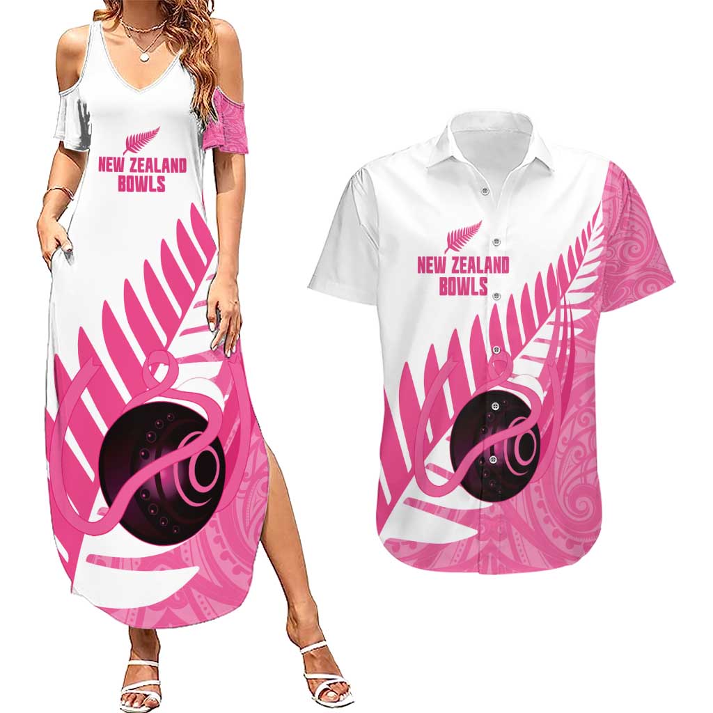 New Zealand Lawn Bowls Breast Cancer Custom Couples Matching Summer Maxi Dress and Hawaiian Shirt Aotearoa Maori Silver Fern Pink Ribbon - Polynesian Pride