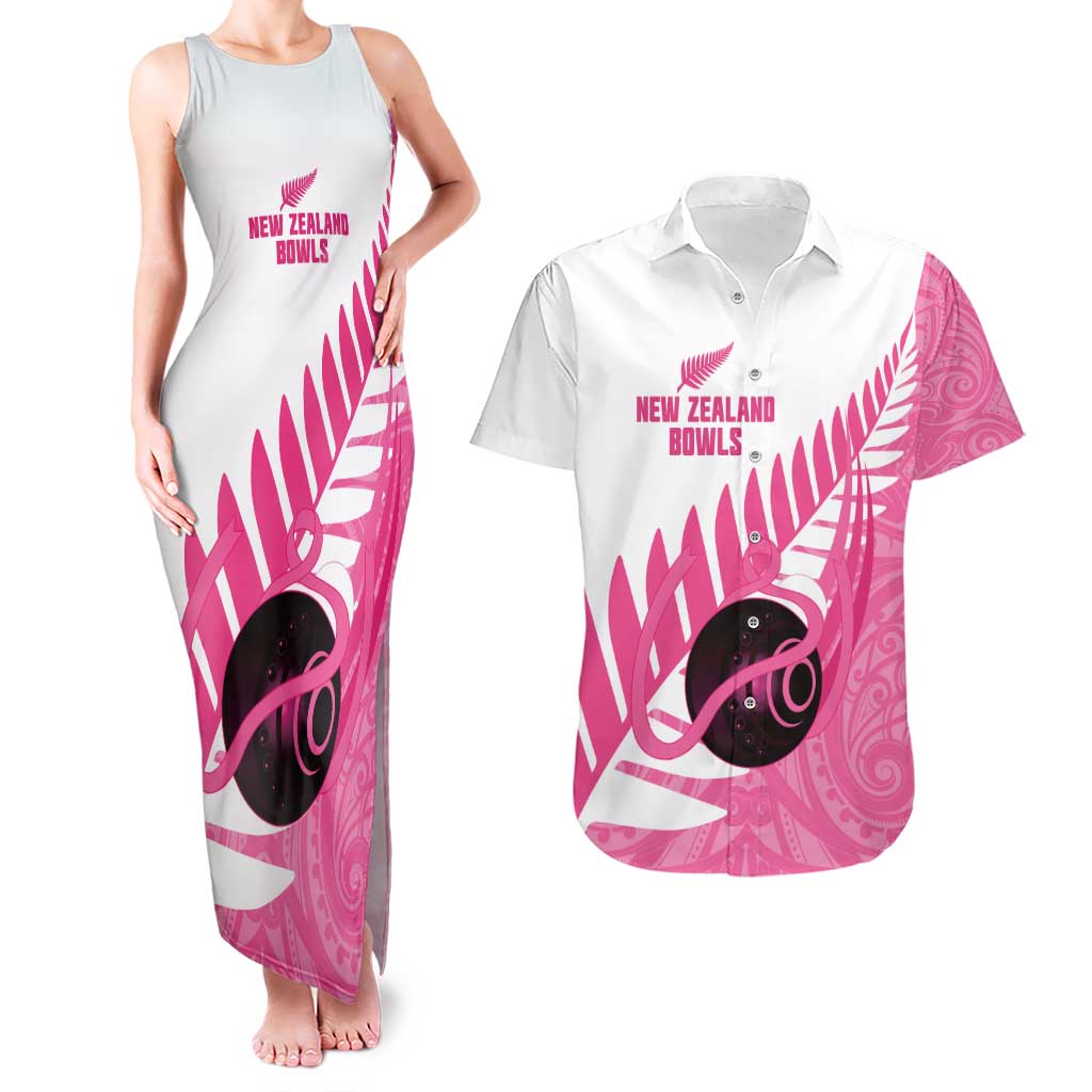New Zealand Lawn Bowls Breast Cancer Custom Couples Matching Tank Maxi Dress and Hawaiian Shirt Aotearoa Maori Silver Fern Pink Ribbon - Polynesian Pride