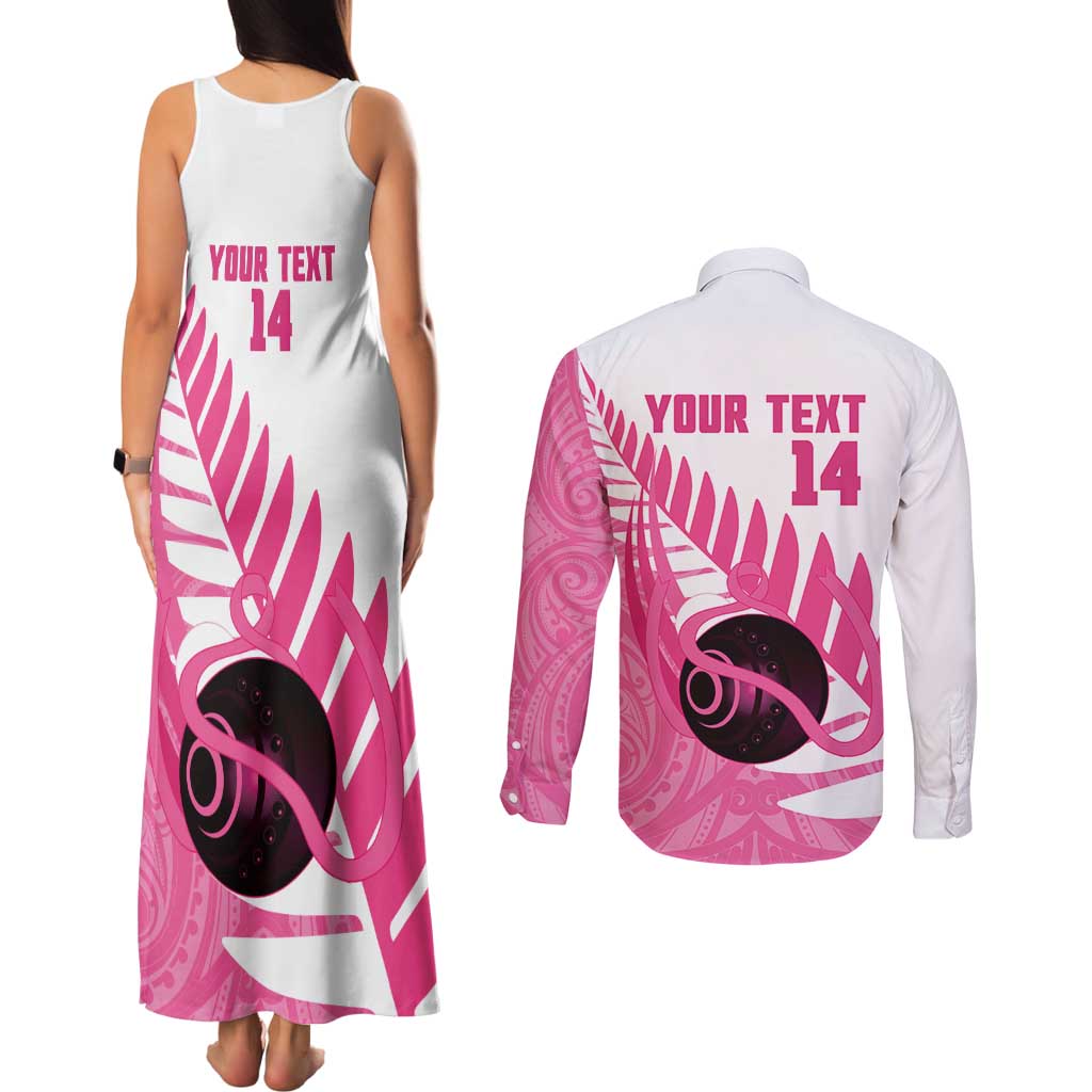 New Zealand Lawn Bowls Breast Cancer Custom Couples Matching Tank Maxi Dress and Long Sleeve Button Shirt Aotearoa Maori Silver Fern Pink Ribbon - Polynesian Pride