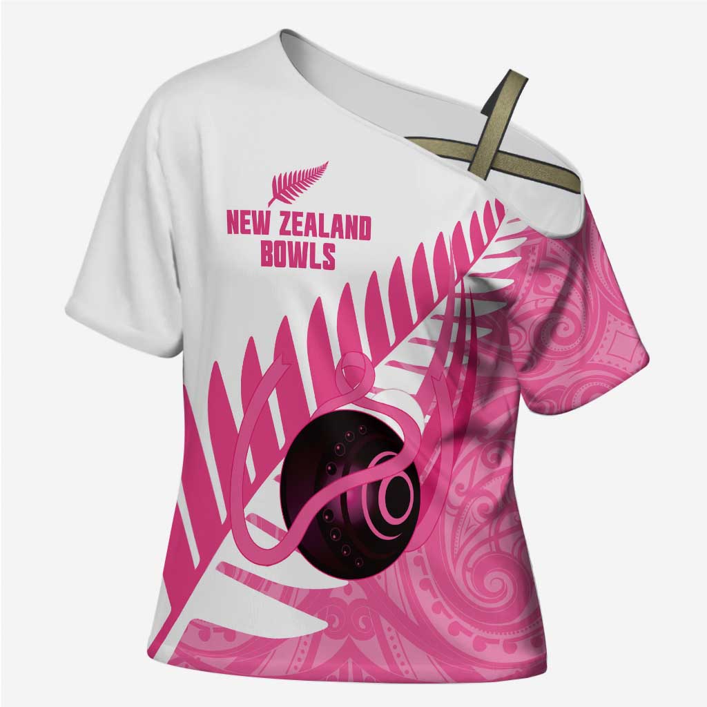 New Zealand Lawn Bowls Breast Cancer Custom Cross Shoulder Shirt Aotearoa Maori Silver Fern Pink Ribbon - Polynesian Pride