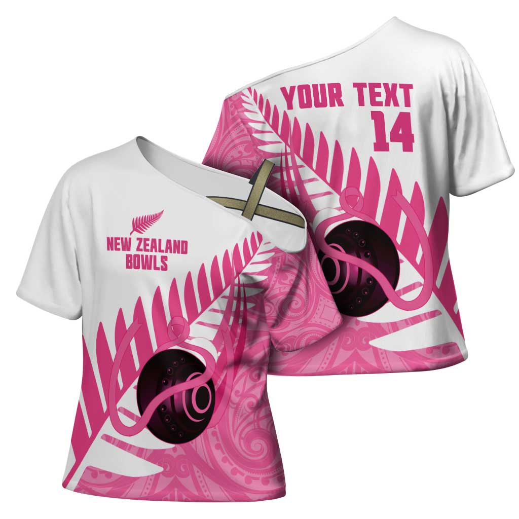 New Zealand Lawn Bowls Breast Cancer Custom Cross Shoulder Shirt Aotearoa Maori Silver Fern Pink Ribbon - Polynesian Pride