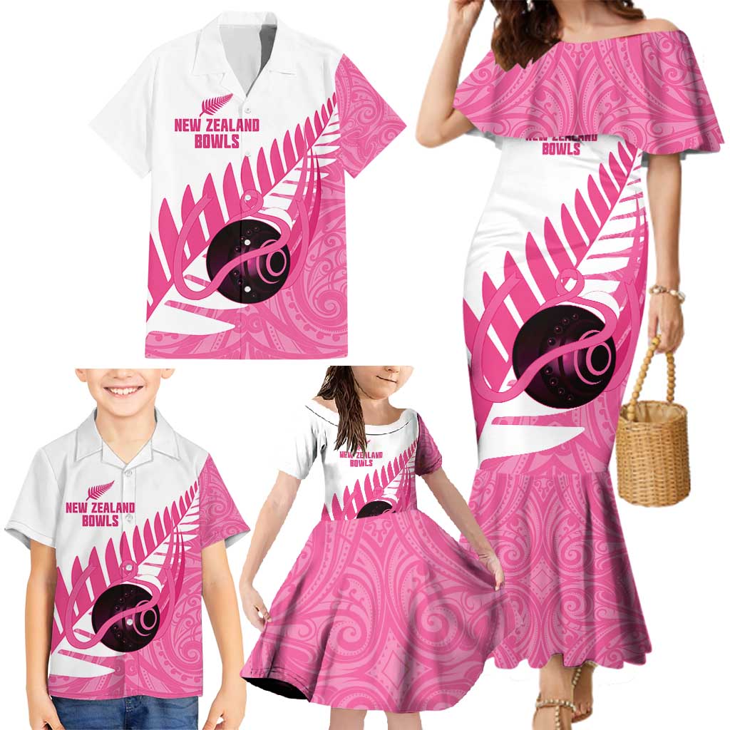 New Zealand Lawn Bowls Breast Cancer Custom Family Matching Mermaid Dress and Hawaiian Shirt Aotearoa Maori Silver Fern Pink Ribbon - Polynesian Pride