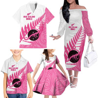 New Zealand Lawn Bowls Breast Cancer Custom Family Matching Off The Shoulder Long Sleeve Dress and Hawaiian Shirt Aotearoa Maori Silver Fern Pink Ribbon - Polynesian Pride