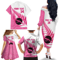 New Zealand Lawn Bowls Breast Cancer Custom Family Matching Off The Shoulder Long Sleeve Dress and Hawaiian Shirt Aotearoa Maori Silver Fern Pink Ribbon - Polynesian Pride