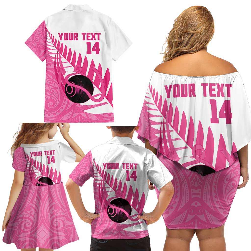 New Zealand Lawn Bowls Breast Cancer Custom Family Matching Off Shoulder Short Dress and Hawaiian Shirt Aotearoa Maori Silver Fern Pink Ribbon - Polynesian Pride