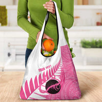 New Zealand Lawn Bowls Breast Cancer Custom Grocery Bag Aotearoa Maori Silver Fern Pink Ribbon - Polynesian Pride