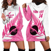 New Zealand Lawn Bowls Breast Cancer Custom Hoodie Dress Aotearoa Maori Silver Fern Pink Ribbon - Polynesian Pride
