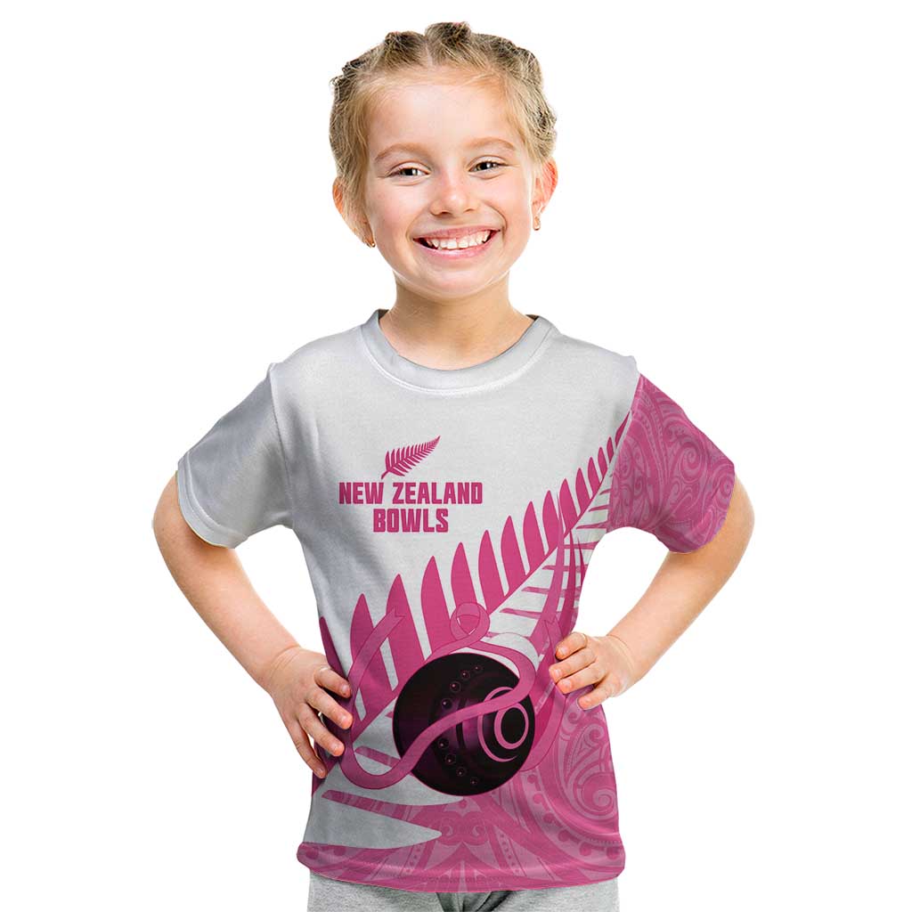 New Zealand Lawn Bowls Breast Cancer Custom Kid T Shirt Aotearoa Maori Silver Fern Pink Ribbon - Polynesian Pride