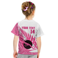 New Zealand Lawn Bowls Breast Cancer Custom Kid T Shirt Aotearoa Maori Silver Fern Pink Ribbon - Polynesian Pride