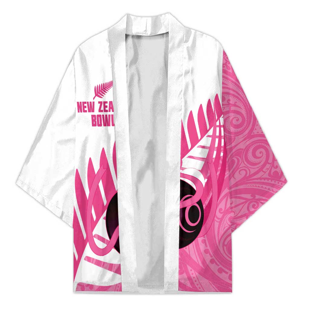 New Zealand Lawn Bowls Breast Cancer Custom Kimono Aotearoa Maori Silver Fern Pink Ribbon - Polynesian Pride