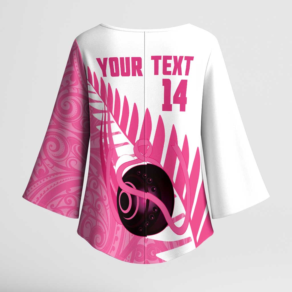 New Zealand Lawn Bowls Breast Cancer Custom Kimono Sleeve Blouse Aotearoa Maori Silver Fern Pink Ribbon - Polynesian Pride