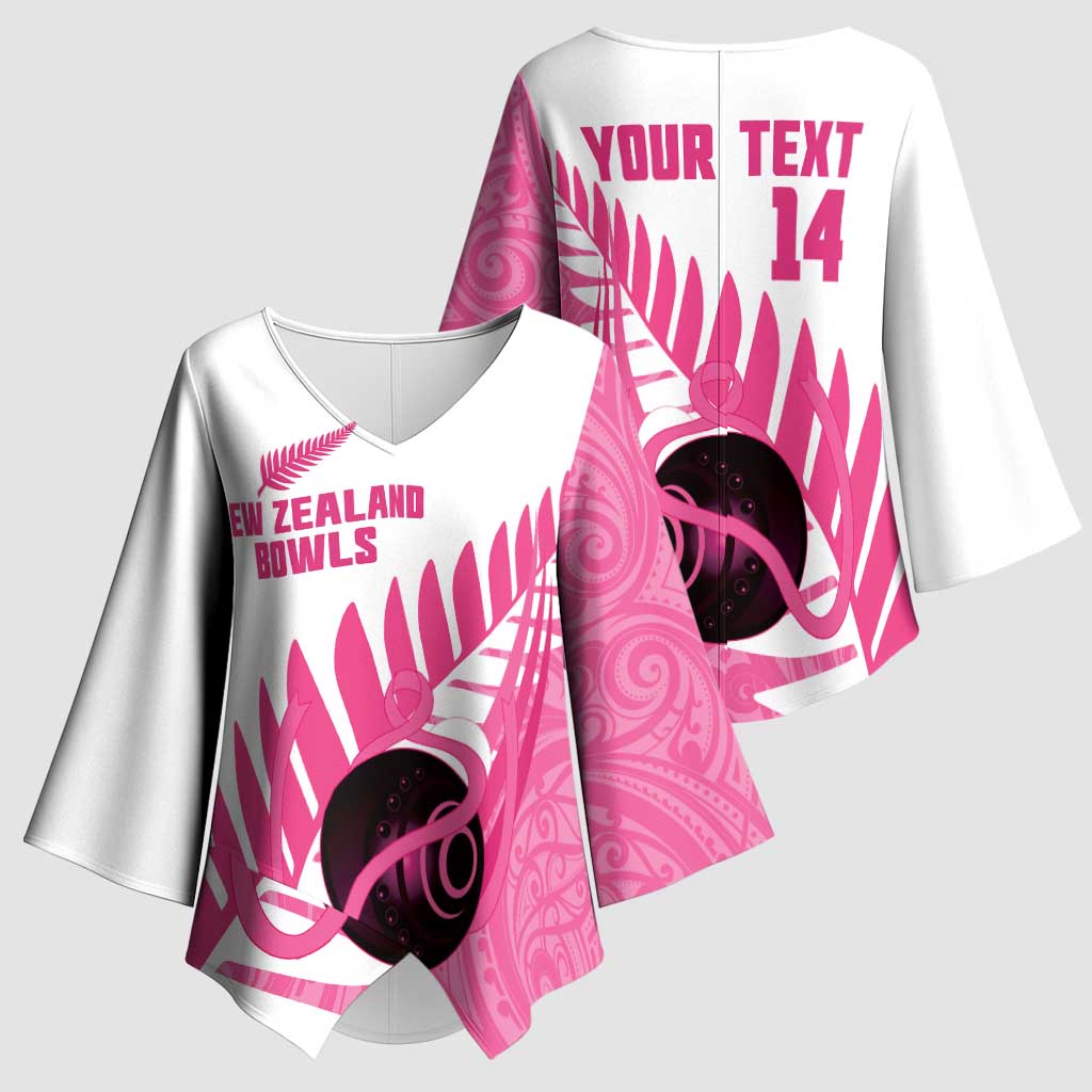 New Zealand Lawn Bowls Breast Cancer Custom Kimono Sleeve Blouse Aotearoa Maori Silver Fern Pink Ribbon - Polynesian Pride