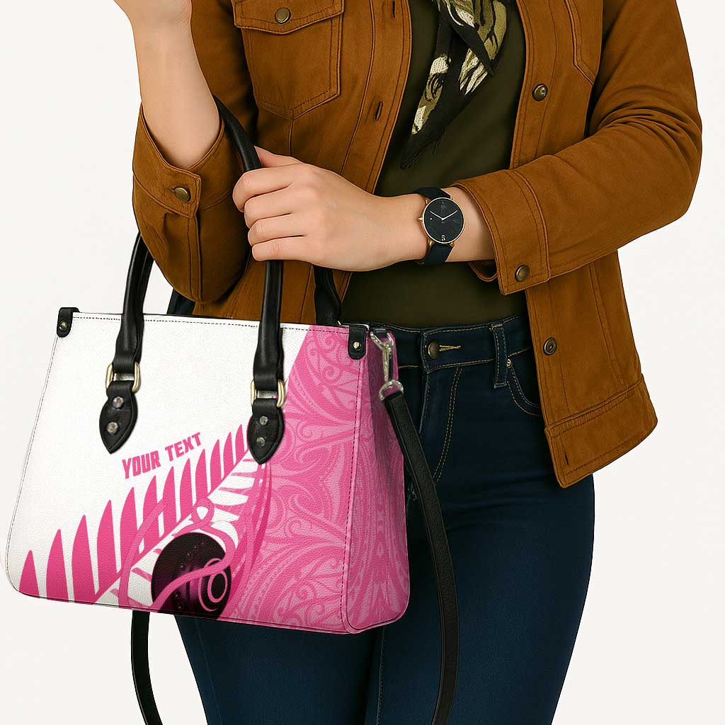 New Zealand Lawn Bowls Breast Cancer Custom Leather Bag Aotearoa Maori Silver Fern Pink Ribbon - Polynesian Pride