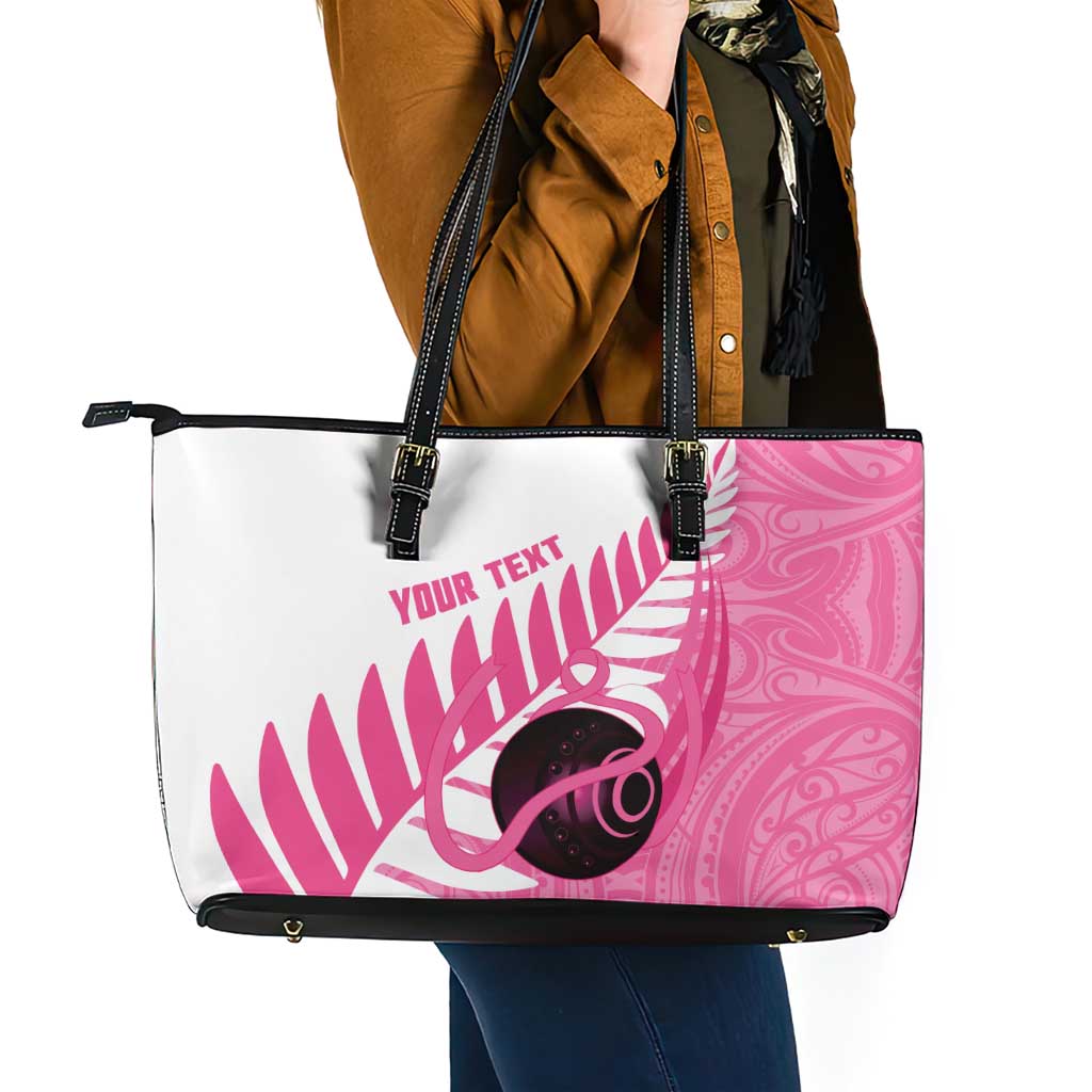 New Zealand Lawn Bowls Breast Cancer Custom Leather Tote Bag Aotearoa Maori Silver Fern Pink Ribbon - Polynesian Pride